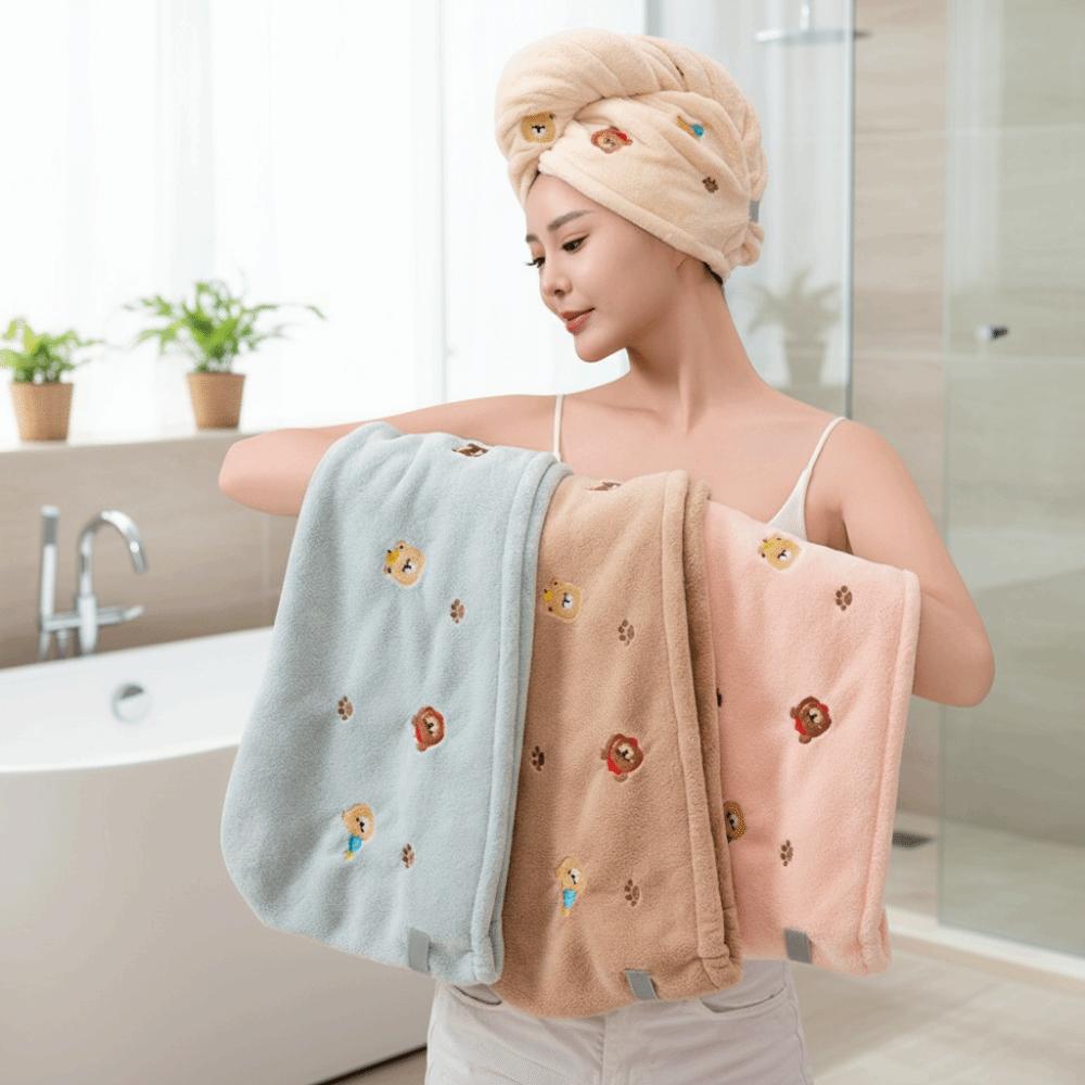 Comfortable Bear Embroidered Shower Cap Thickened Extra-Large Hair Drying Cap Absorbent Cartoon Bath Hat Women