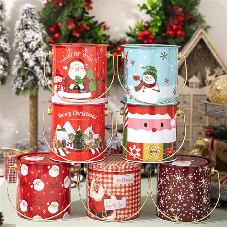 2pcs Decorative Christmas Candy Boxes Handheld Round Bucket Portable Sweets Tins with Handle for Family Gathering