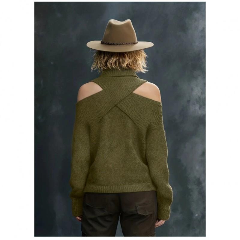Womens Oversized Knit Sweater With Asymmetrical Cross-Shoulder Design High Neck Long Sleeve Loose Fit Top