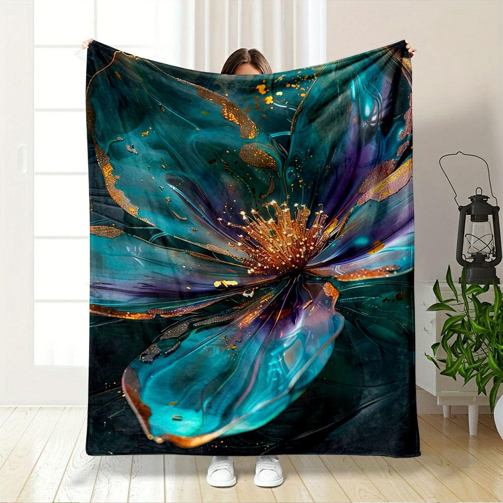 Glowing abstract flower with metallic teal petals and golden accents. for all seasons blanket lunch break throw gift