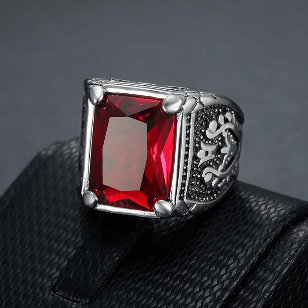 Vintage Big Green/Black/Red/Blue Color Stone Rings for Men Stainless Steel Fashion Punk Handmade Carved Tulip Ring Party Jewelry