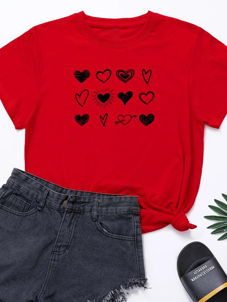 Three Rows Heart Print Women T Shirt Short Sleeve O Neck Loose Women Tshirt Ladies Tee Shirt Tops Clothes Camisetas Mujer