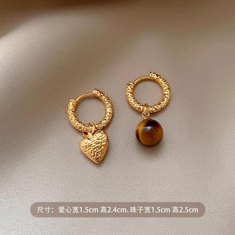 S925 Sterling Silver Needle Maillard Tiger s Eye Stone Love Asymmetrical Ear Buckle Real Gold Electroplated Earrings Vintage Earrings