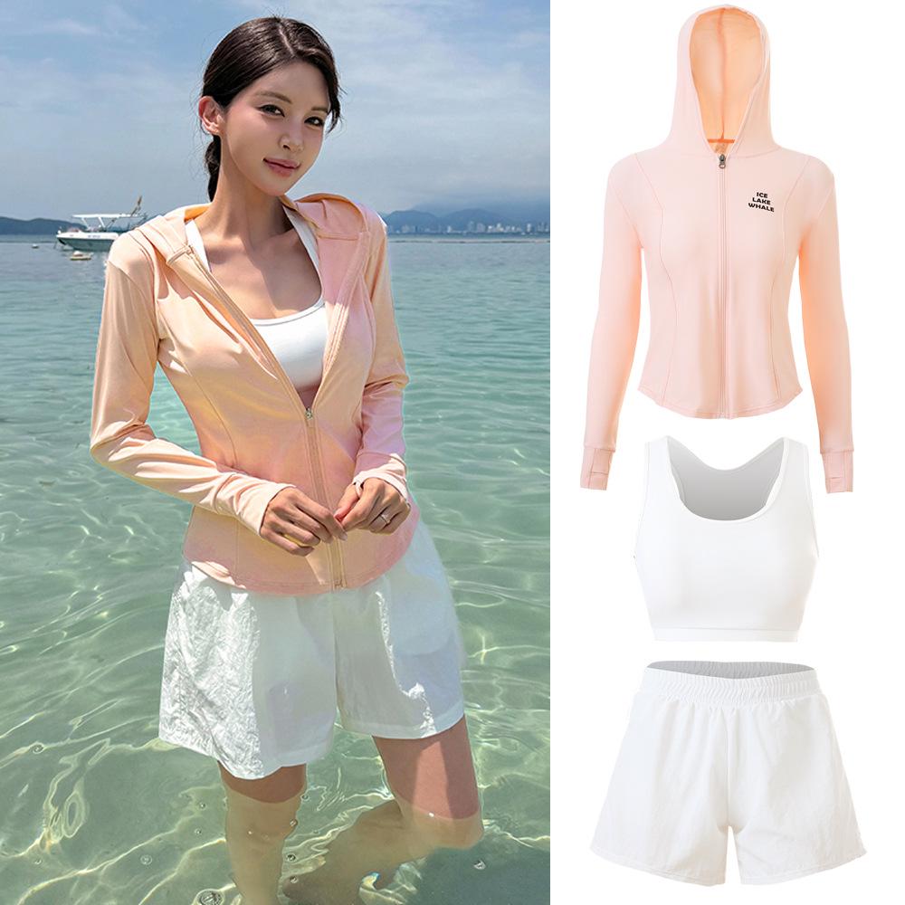 Women's 4-Piece Long Sleeve Hooded Swimsuit - Slimming, Sun-Protective, and Conservative for Beach & Hot Springs