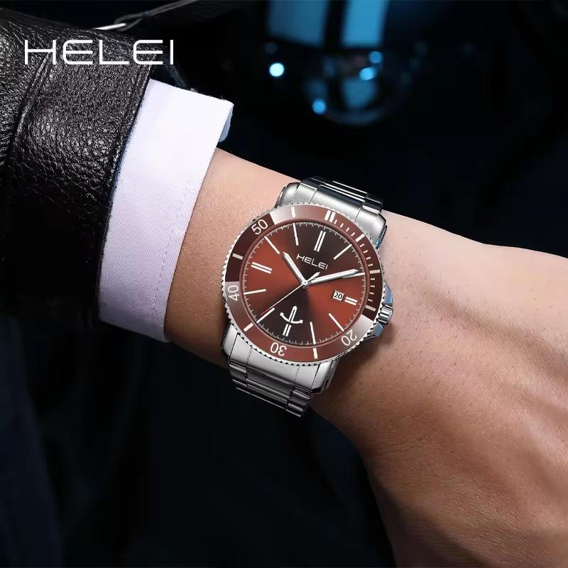 Helei H9002A-G 9002 Waterproof Stainless Steel Strap Round Clock Quartz Watches Business Gift Fashion Men's Wristwatches for Men