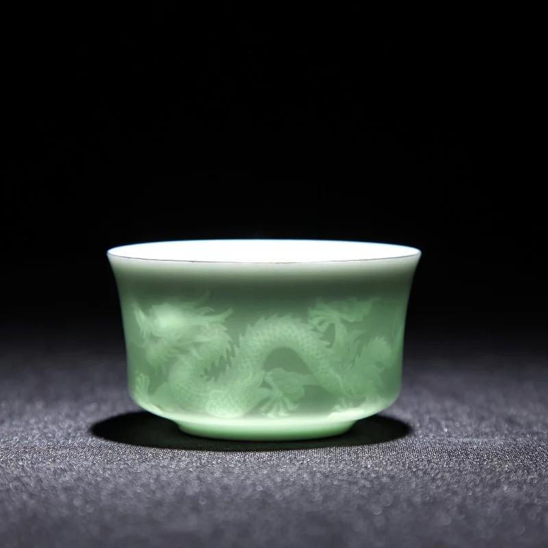 Ceramic Hand-Carved Lotus Dragon Teacup Jingdezhen Celadon Master Tea Cups 100ML