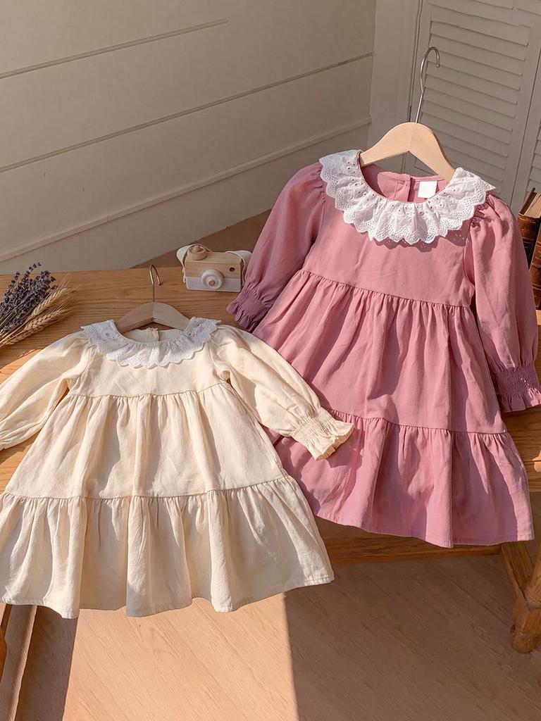 2026 Autumn Korean-Style Children's Long Sleeve Dress with Ruffle Lace Collar – Sweet Pure Cotton Cake Skirt for Girls