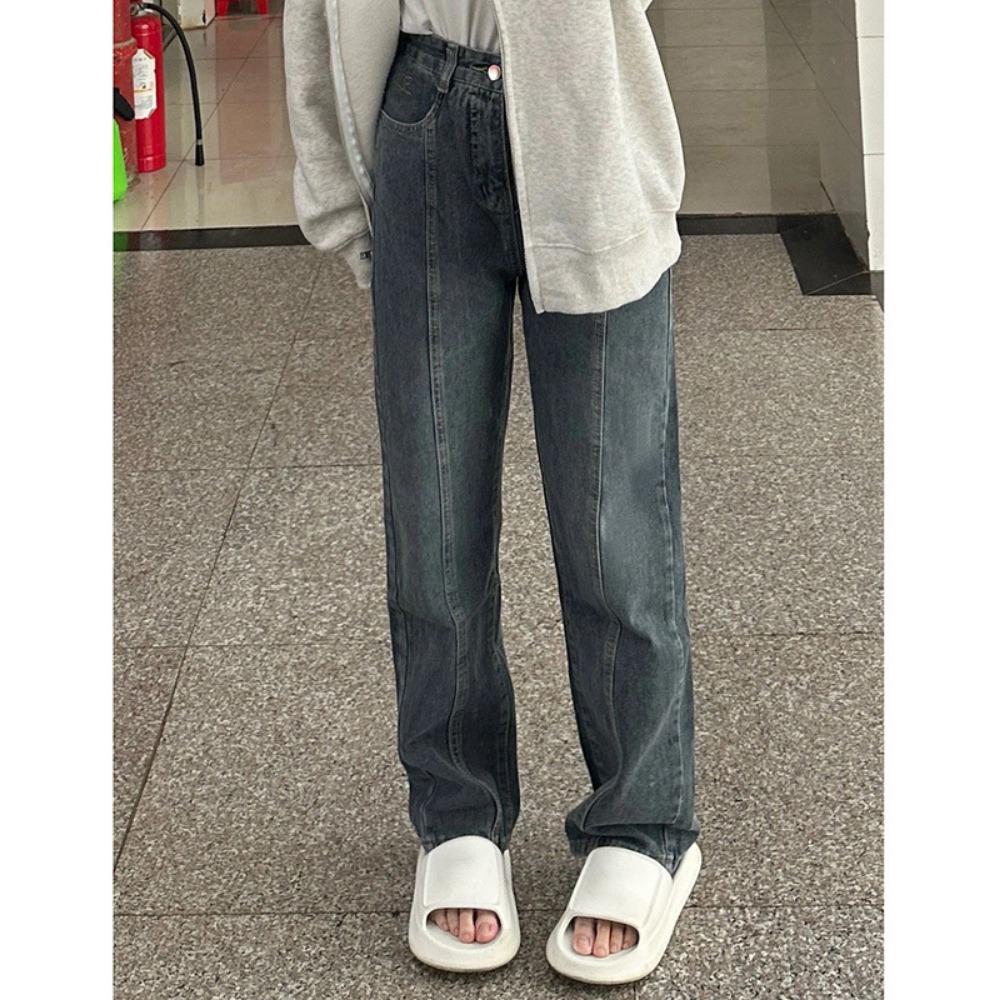 

American retro jeans women s high waist loose straight early autumn new large size wide leg floor pants 2XL сине серый