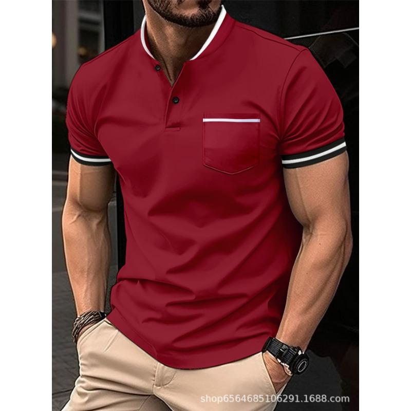 Frühlings Herren Kurzarm Tops Mann Einfarbig Stehkragen Tasche Poloshirts