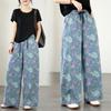 DIMANAF 2026 Summer New Plus Size Women Jeans Print Floral Long Pants Elastic Waist Loose Casual Denim Cotton Trousers Pants