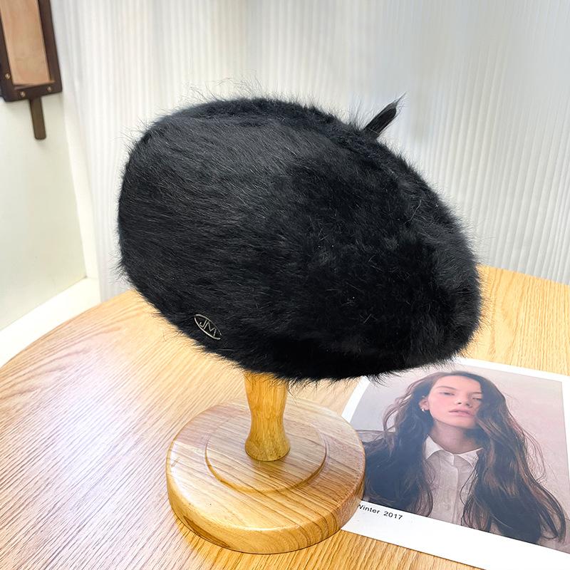 

Rabbit Fur Beret Hat for Women in Winter Warm and Versatile Solid Color Painter Hat Korean Style Letter Pumpkin Hat Elegant Beret Hat One Size