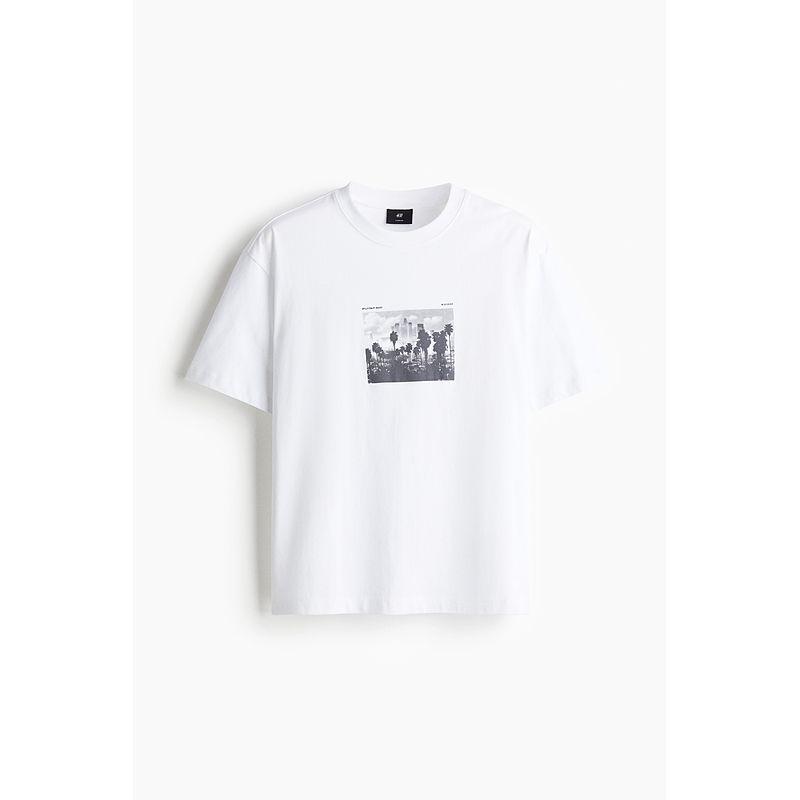 

HM Мужская одежда Женская футболка 2025 Лето Новая Принт Средний вес Со спущенным плечом Свободный Короткий рукав Топ 1227157 White/Palm trees 165/84(XS)