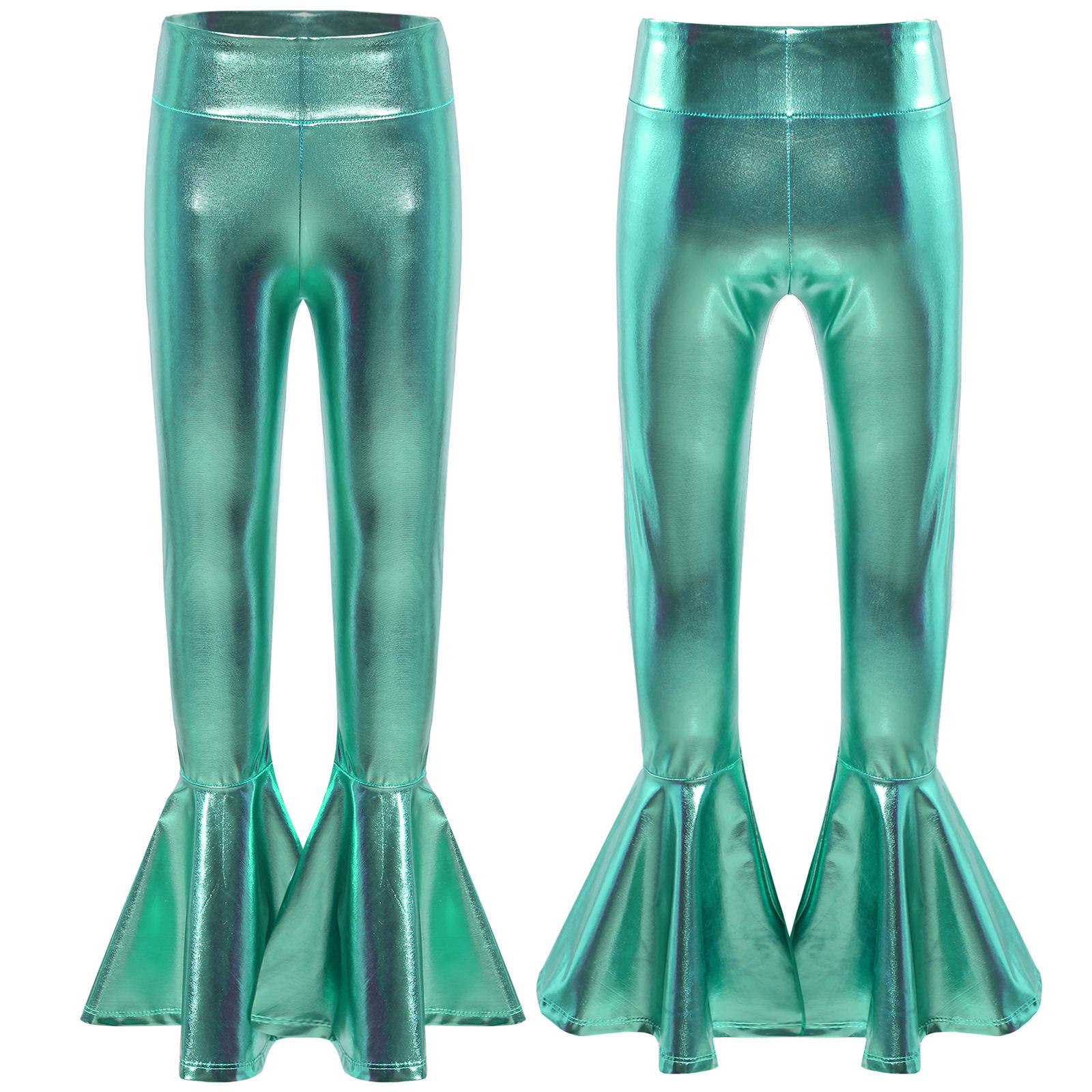 

Girls Stylish Bell Bottom Pants Elastic Waistband Bronzing Cloth High Waist Ruffle Hem Long Trousers Fashion Clothing for Dance Casual 9-10 Years озеро синього кольору