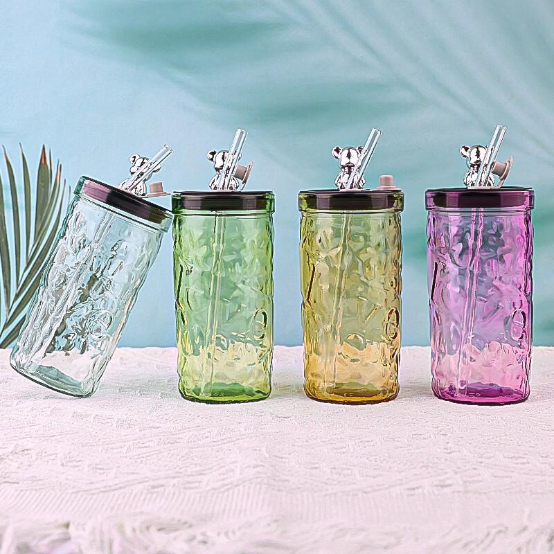 OLOEY Diamond Bear Glass Tumbler with Lid and Straw
