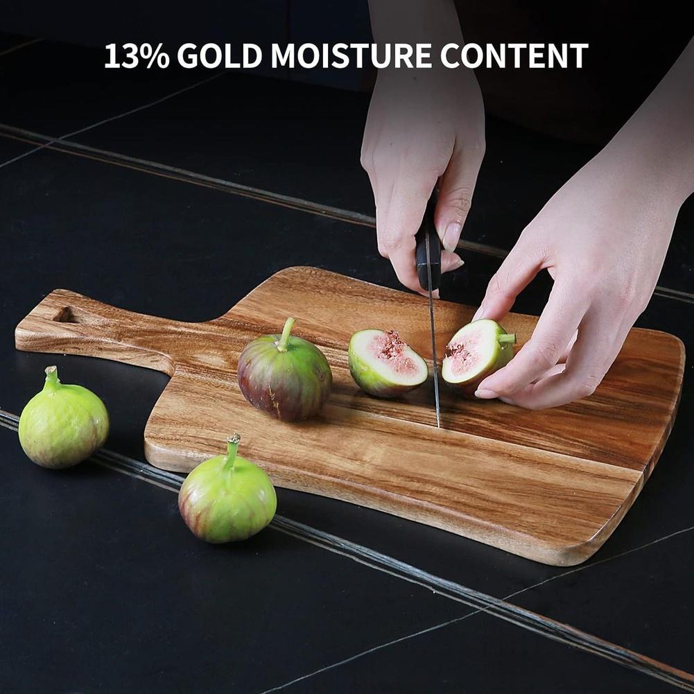 Acacia Wood Round Cutting Board with Dual Sided Reversible Stain Resistant Finish and Ergonomic Handle for Kitchen Use