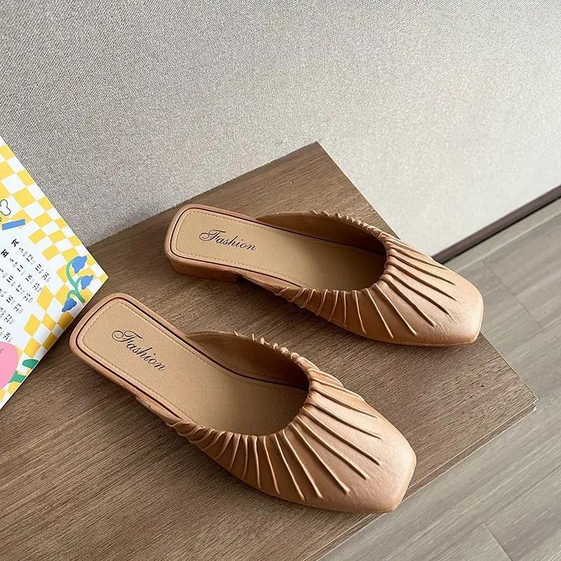 Fashion Mules Women's Slippers and Ladies Sandals Beige Indoor Home Slides Job House Flat Shoes Apricot Outside Clappers Shoe H Sandal Y