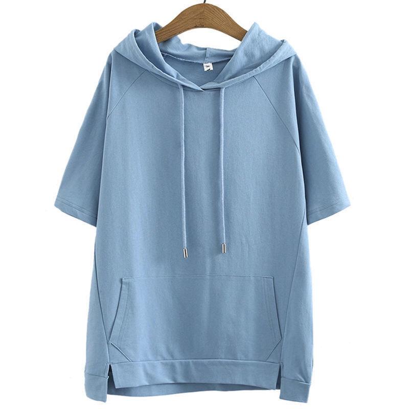 Cotton Plus Size Short-sleeved Hooded Sweater Women's Loose Summer Korean Version of The Trendy Thin Section Was Thin Western Style T-shirt