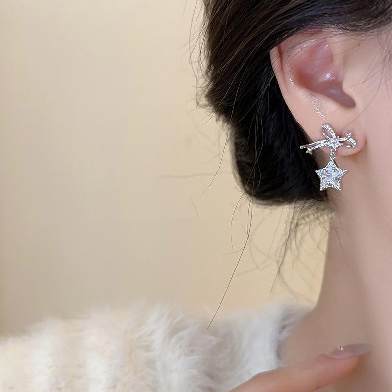 Y2K Shiny Zircon Star Bow Earrings For Women Fashion Exquisite Elegant Pentagram Ear Studs Sweet Girls Jewelry Accessories Gift