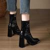 Fashion 2025 New Autumn and Winter High Heel Short Boots for Women Lacquer Leather Coarse Heel Single High End Thin Thin and Short Boots