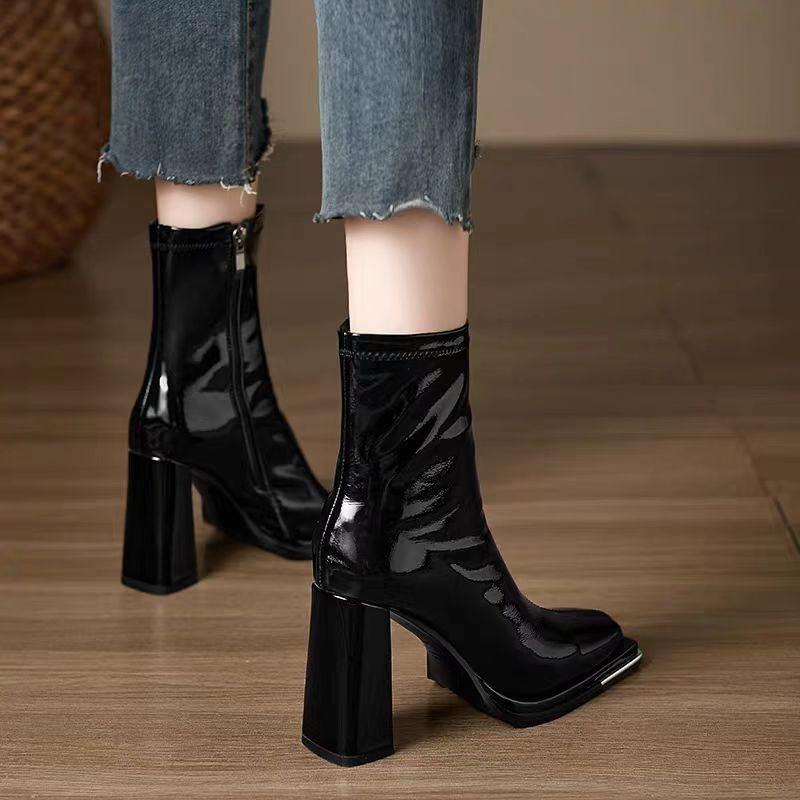 Fashion 2025 New Autumn and Winter High Heel Short Boots for Women Lacquer Leather Coarse Heel Single High End Thin Thin and Short Boots
