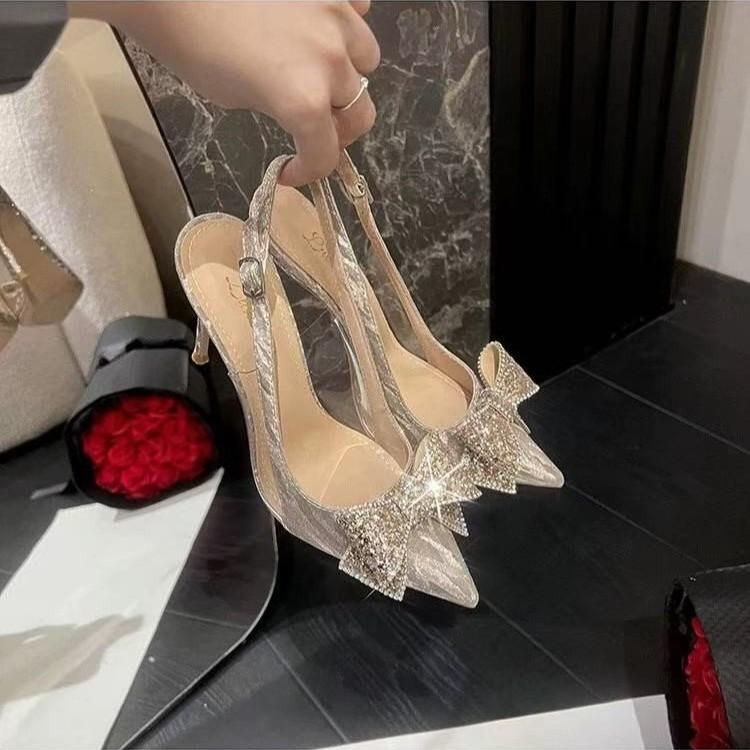 Moda 2025 Sapatos Femininos Tira com Fivela Salto Alto Feminino Sexy para Festa Scarpins Femininos Sandália de Salto Fino Super Alto com Laço de Cristal Bico Fino