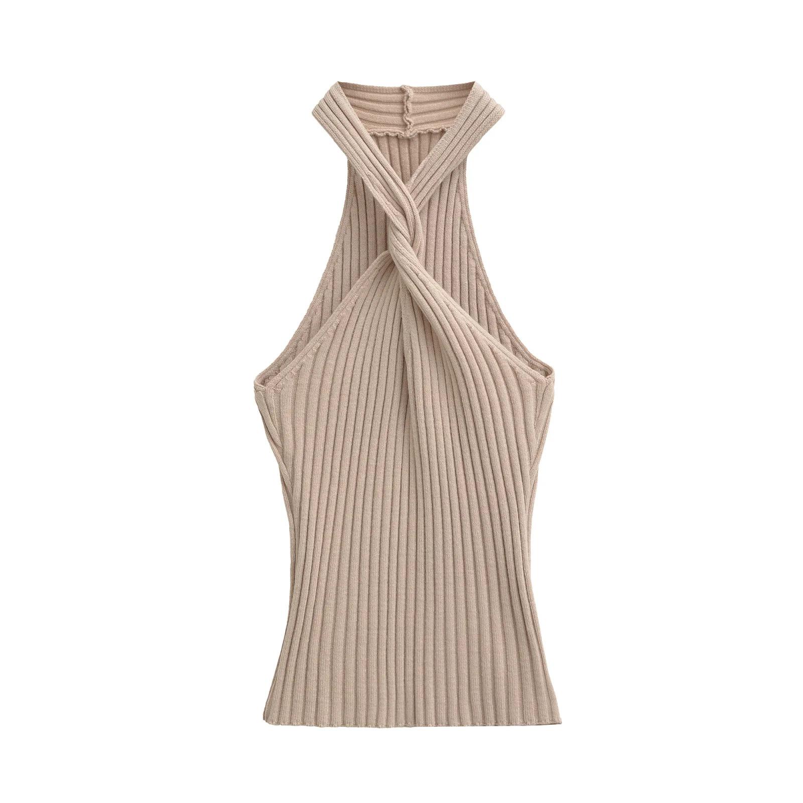 Elegant Off-the-Shoulder Halter Knit Vest - Women s Slimming Sexy Style Small верблюд/бежевый