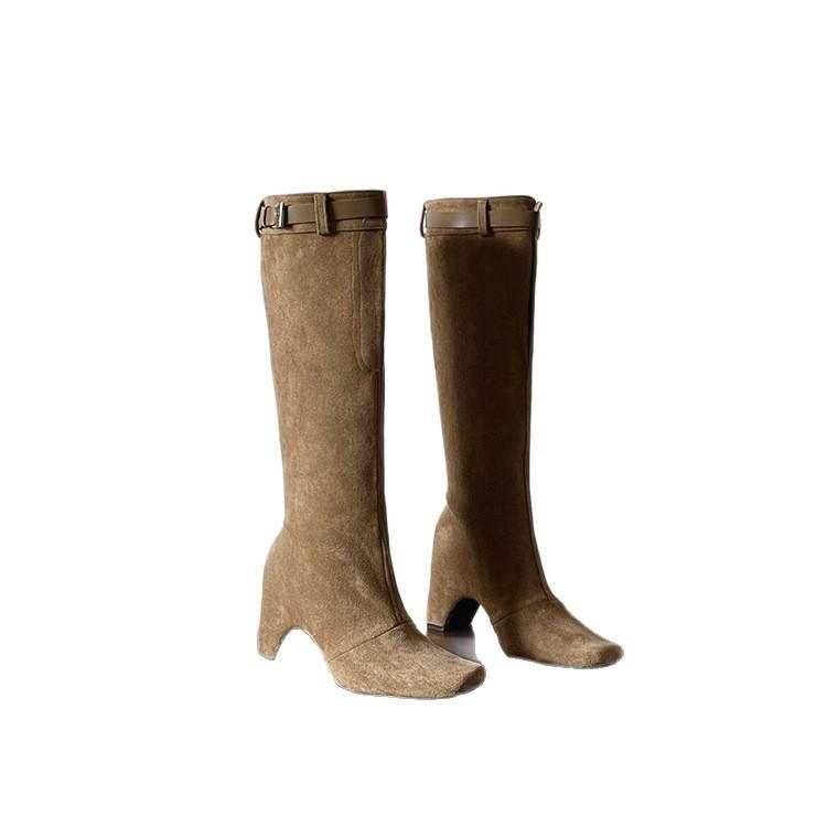 Niszowy design klamra paska wysokie kozaki do kolana damskie 2025 jesień i zima kwadratowy nosek cienka szeroka cholewka gruby obcas kozaki