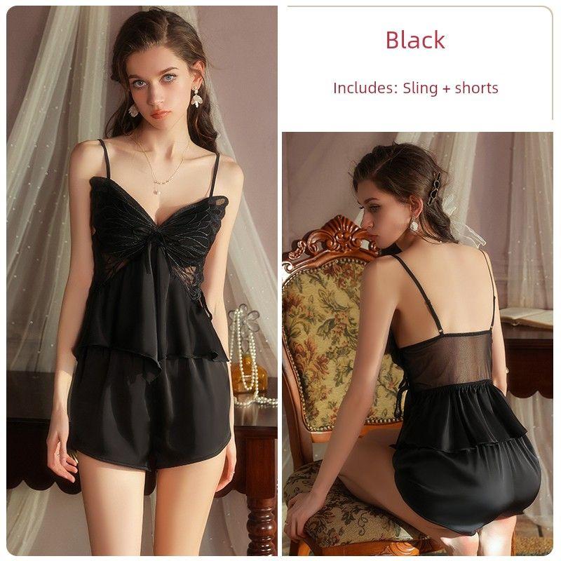 

Доброе утро с тобой Плавающая тень Мэн Дье Сексуальная бабочка Ледяной шелк Глубокий V-образный вырез Бретели Пижама Женский Тонкий Домашний костюм Лето Black (sling + shorts) L