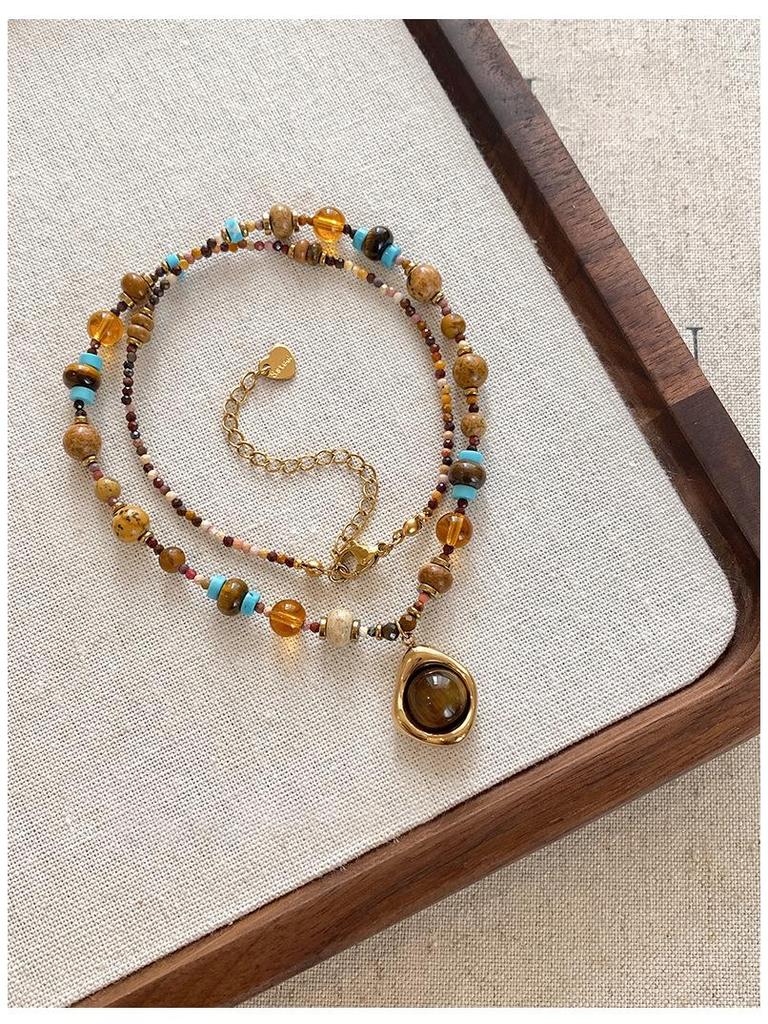 18k vergoldete Tigerauge Perlenanhänger Halskette - Retro Schlüsselbeinkette für Herbst/Winter.
