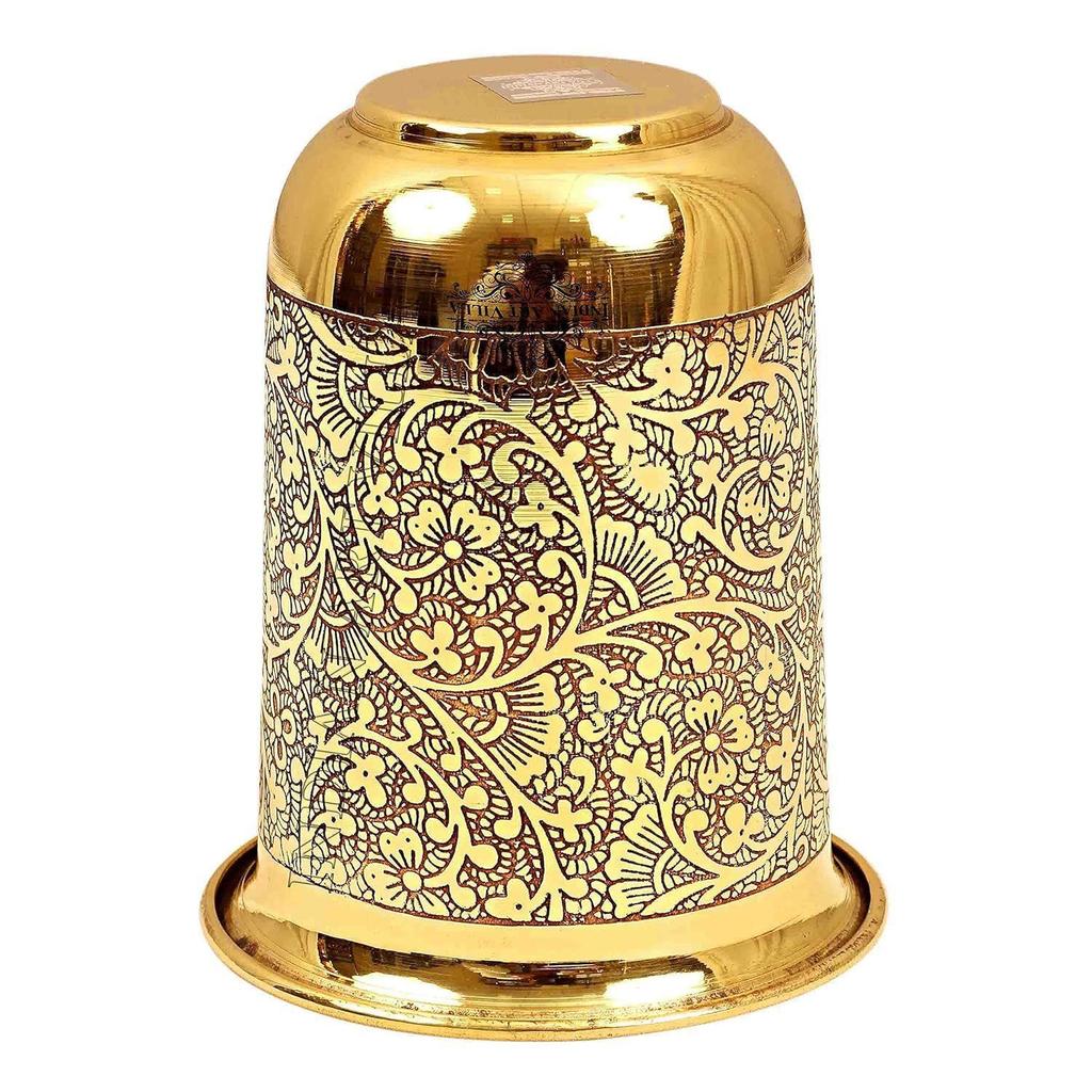 Reiner Messingbecher mit floralem Rankendesign, zum Trinken Servieren von Wasser, Yoga & Ayurveda,