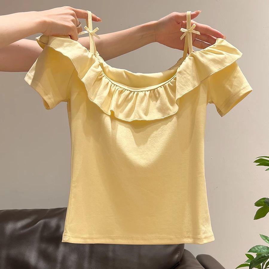 Top Estivo da Donna 2025 con Spalline Sottili, Scollo Bardot, Volant e Fiocco, Vita Sagomata, Vestibilità Slim