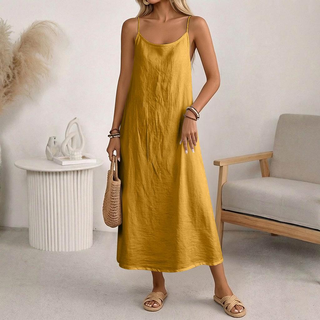 Women's Fashion Casual Loose Sleeveless Tank Top Cotton-Linen Mid Length Dress