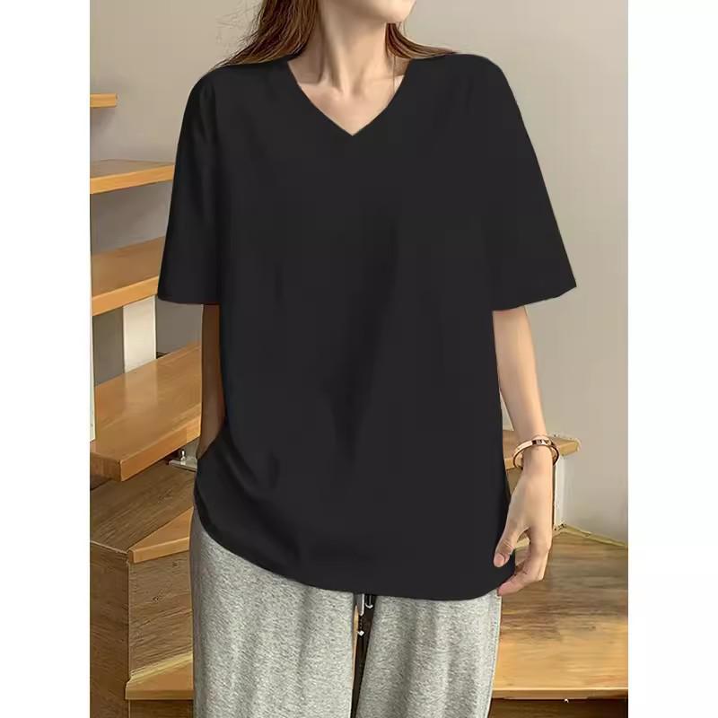 Women's Plus Size White V-Neck Loose Fit Cotton T-Shirt, Short Sleeve, Hong Kong Chic Style.