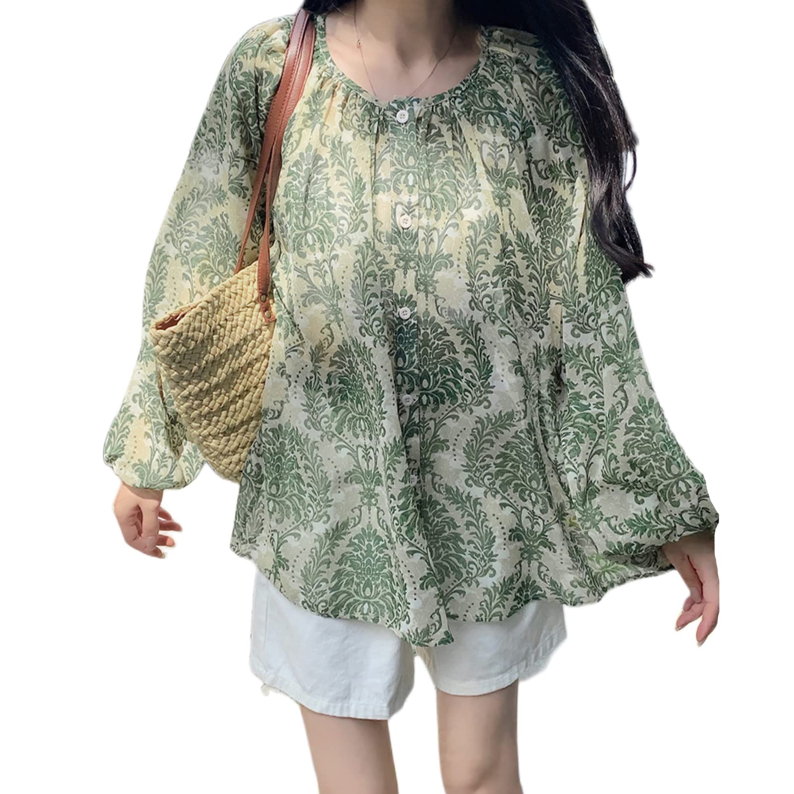 

Блузка с защитой от УФ-лучей, длинная, цветочная, пышная, большого размера, охлаждающая, для лета, [xppe] Женская рубашка, без воротника, рукав, принт, прозрачная, рукава, шифон, зелёный