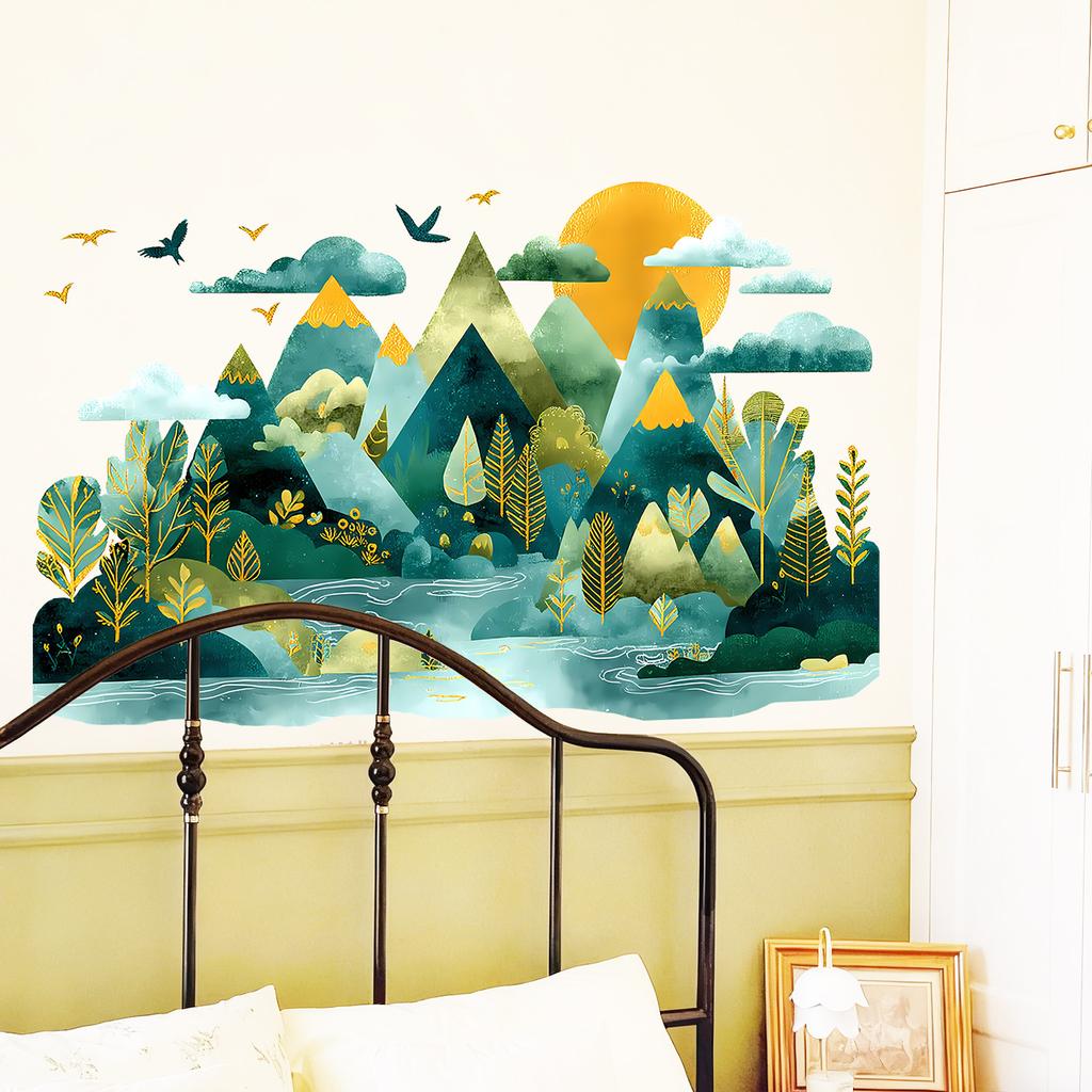 Paesaggio Stile Cinese con Sole e Nuvole Foglia d'Oro Adesivo da Parete Autoadesivo Rimovibile per Soggiorno Camera da Letto Decorazione Casa