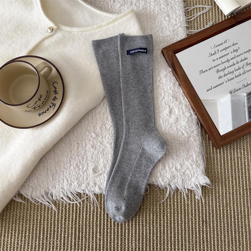 High-End Calf Socks Season Letter Label Double Needle Long Tube Stacking Socks Solid Color Versatile Fashion Trendy Socks