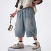 Summer Children Loose Straight Curved Jeans Shorts For Teen Boys Elegant Solid Blue Denim Shorts Kids Capri Pants Age 5-14Y
