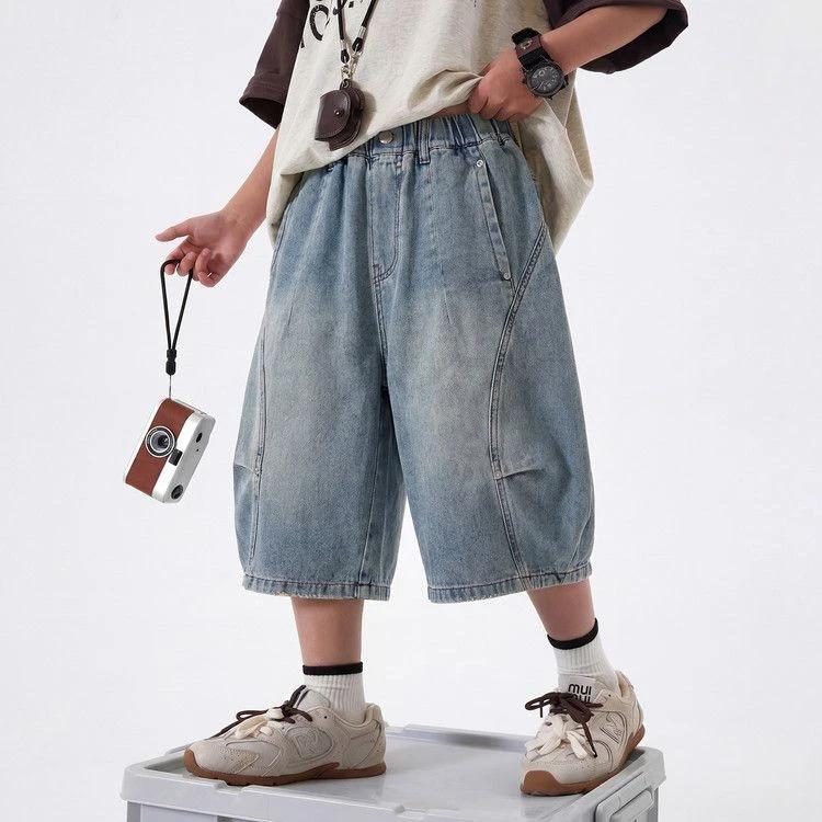 Summer Children Loose Straight Curved Jeans Shorts For Teen Boys Elegant Solid Blue Denim Shorts Kids Capri Pants Age 5-14Y