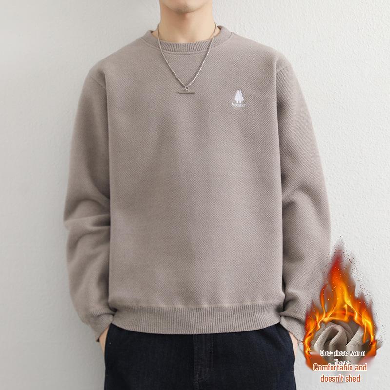 Men's Youth Velvet Thickened Wool Sweater - Embroidered, Warm, Trendy Round Neck Knitwear for Autumn and Winter