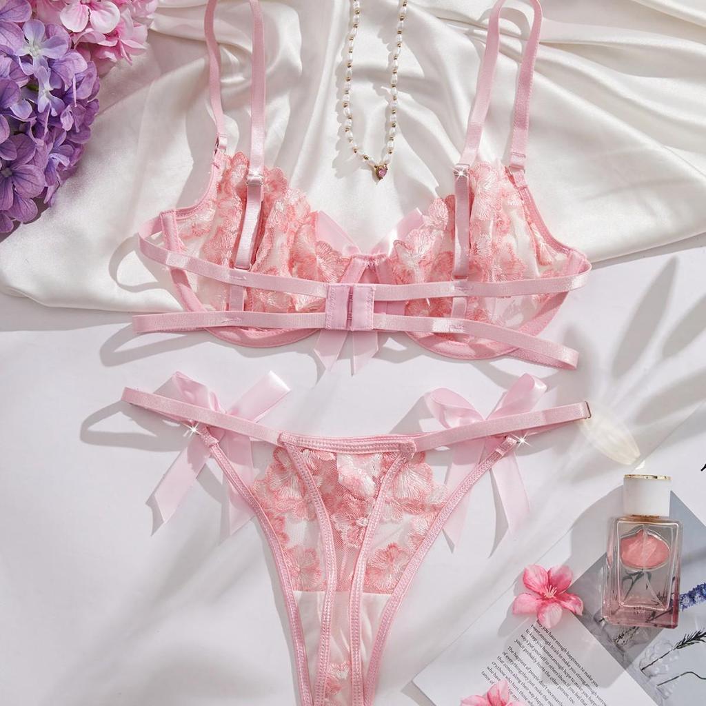 European & American Floral Embroidery Lingerie Set: Mesh Push-Up Bra & See-Through Panties