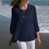 HNXC Women's Fashion Casual Solid Color Print 3/4 Sleeve O Neck Blouses & Shirts
