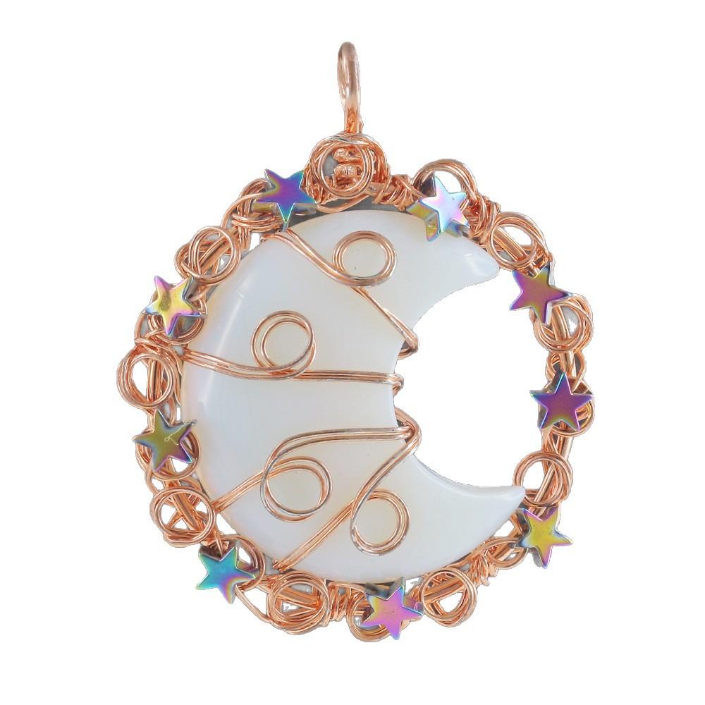 Natural Crystal Moon Pendant, Handmade Copper Wire Wrapped Gemstone Jewelry