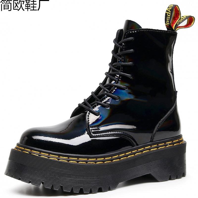Laser thick-bottomed hole locomotive boots, side zipper British women's short boots, muffin bottom