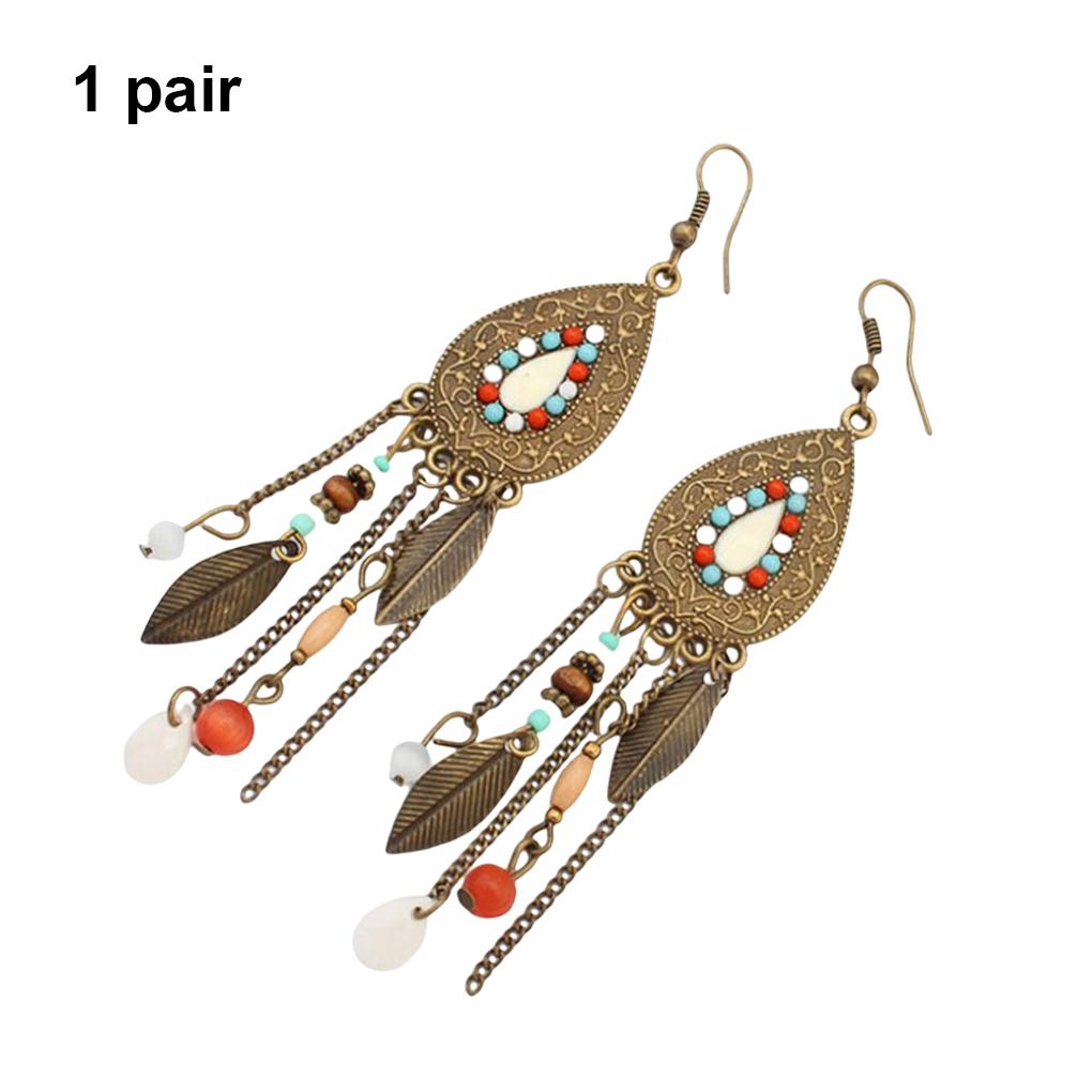 1 Pair Women Girls Oval Leaves Alloy Hook Ear Studs Tassels Beads Long Earrings