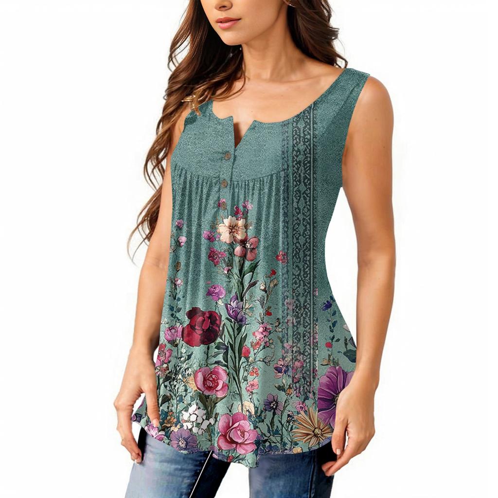 Women's Fashion Pleated Sleeveless Casual T-shirt Vest Button Top