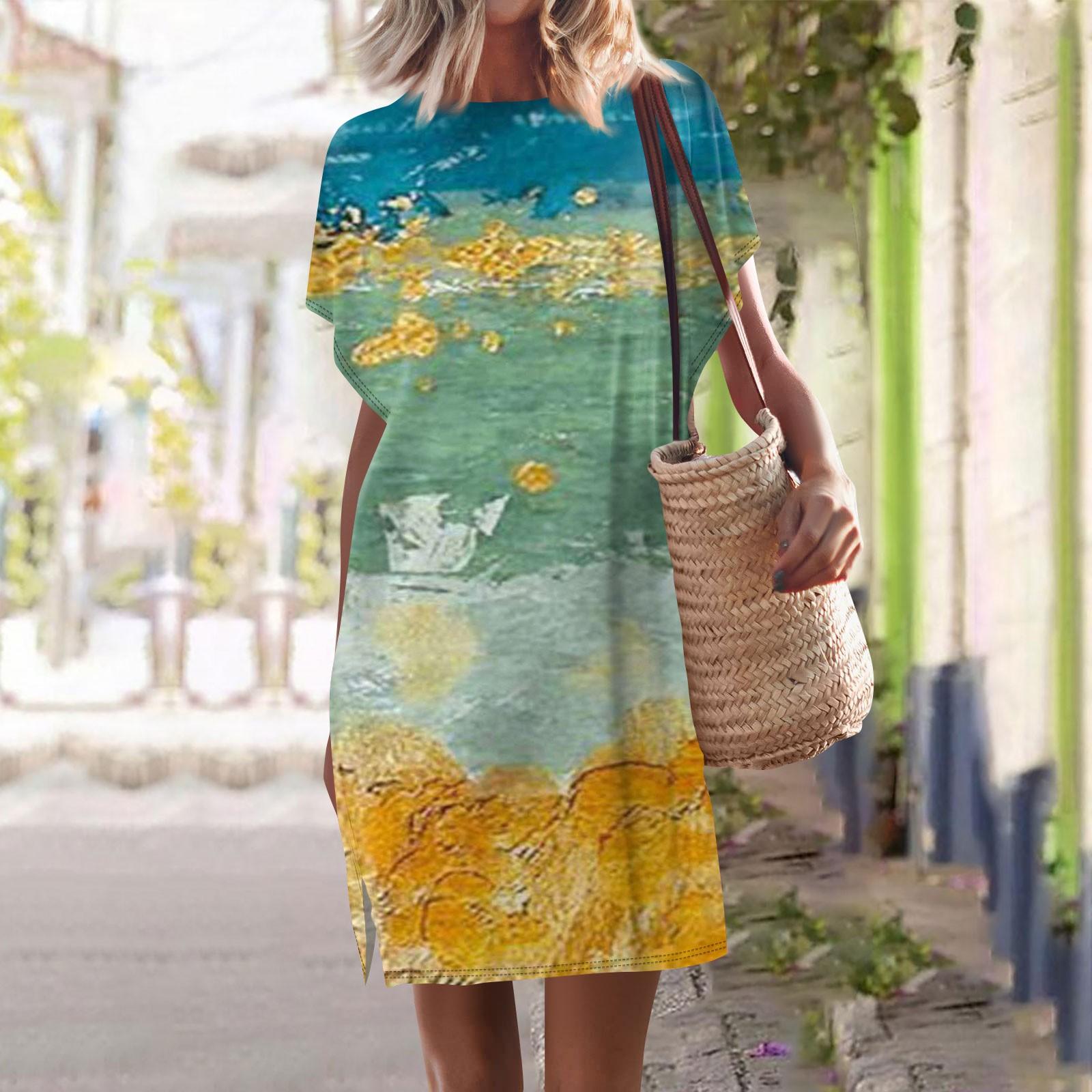 

Жіночий повсякденний пуловер із вінтажним принтом і круглим вирізом з короткими рукавами XL жовтий