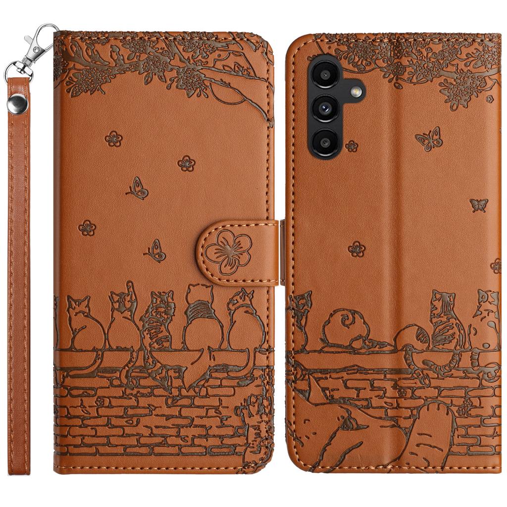 For Samsung Galaxy S23 FE Case with Wrist Strap Leather Phone Cover Wall Cats Pattern