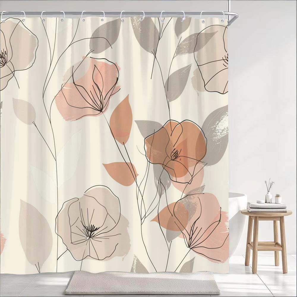1Pc Simple Style Leaves Print Polyester Shower Curtain Bathroom Decoration Curtain,Hanging Curtain With Hooks Machine Washable