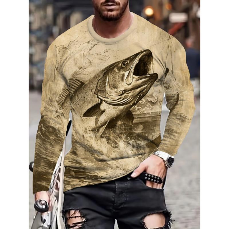Men's Long Sleeve 3D Printed Music Guitar Printed Tops Christmas Party Casual Men's Fashion Round Neck Long Sleeve