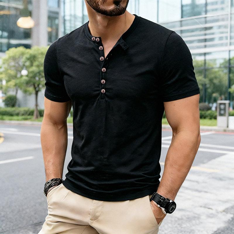New Design Men's Summer Solid Color T-Shirts Bamboo-Handled Henry Collar Casual Button Short Sleeve Top Tees Hip Hop Streetwears